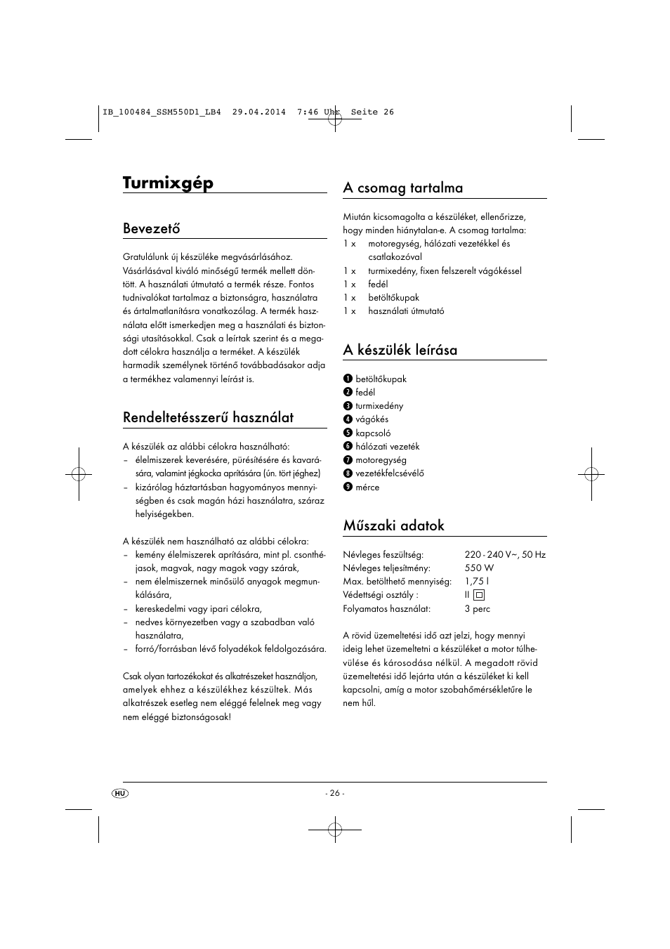 Turmixgép, Bevezető, Rendeltetésszerű használat | A csomag tartalma, A készülék leírása, Műszaki adatok | Silvercrest SSM 550 D1 User Manual | Page 29 / 87