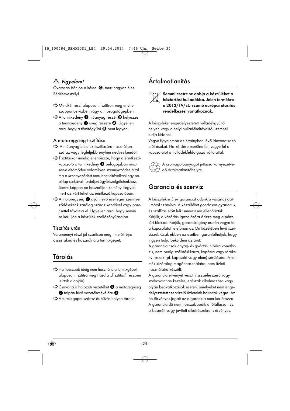 Tárolás, Ártalmatlanítás, Garancia és szerviz | Silvercrest SSM 550 D1 User Manual | Page 37 / 87