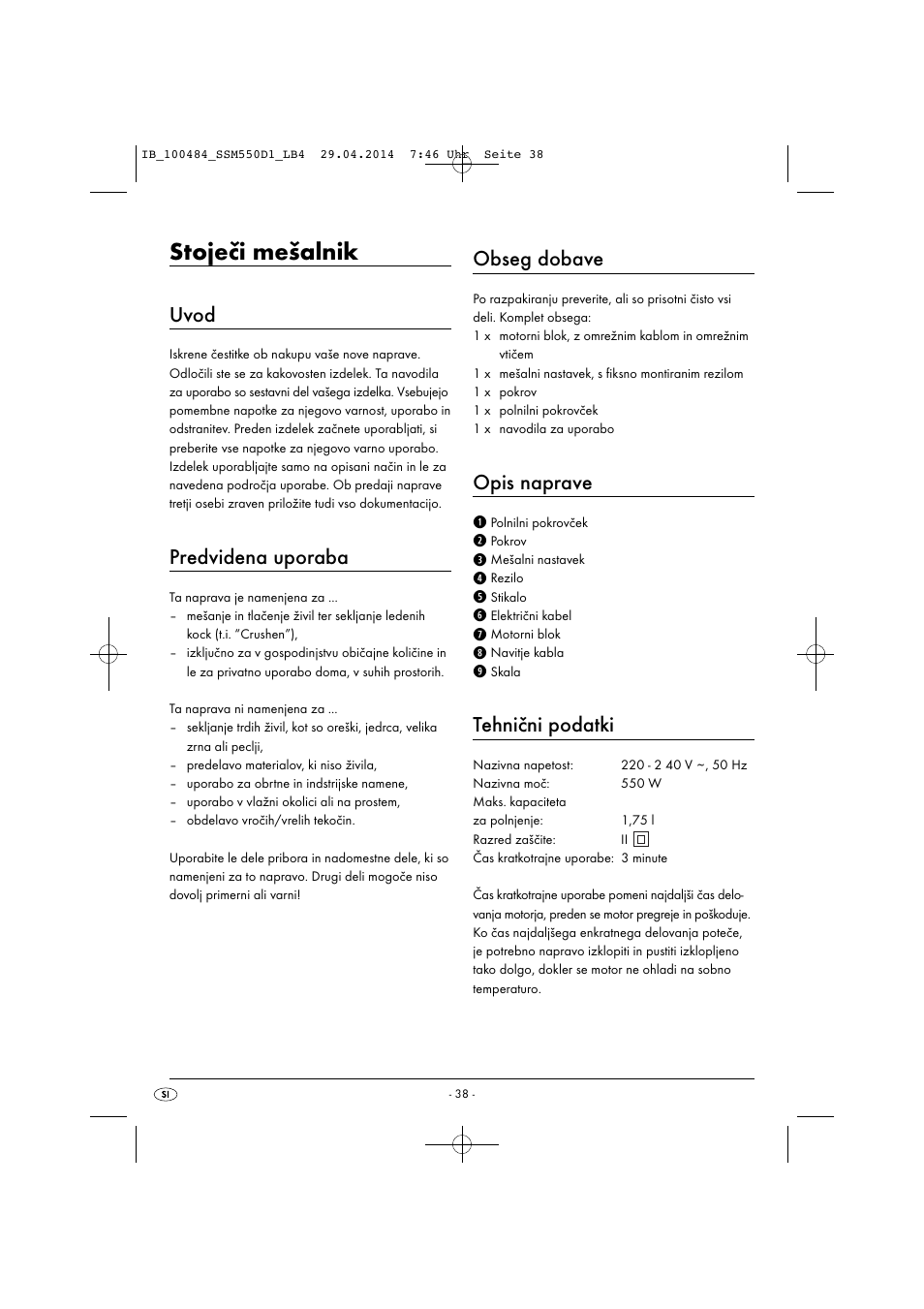 Stoječi mešalnik, Uvod, Predvidena uporaba | Obseg dobave, Opis naprave, Tehnični podatki | Silvercrest SSM 550 D1 User Manual | Page 41 / 87