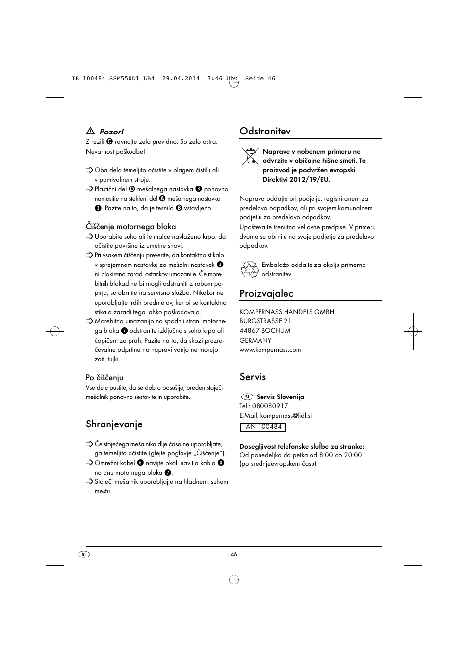 Shranjevanje, Odstranitev, Proizvajalec | Servis | Silvercrest SSM 550 D1 User Manual | Page 49 / 87