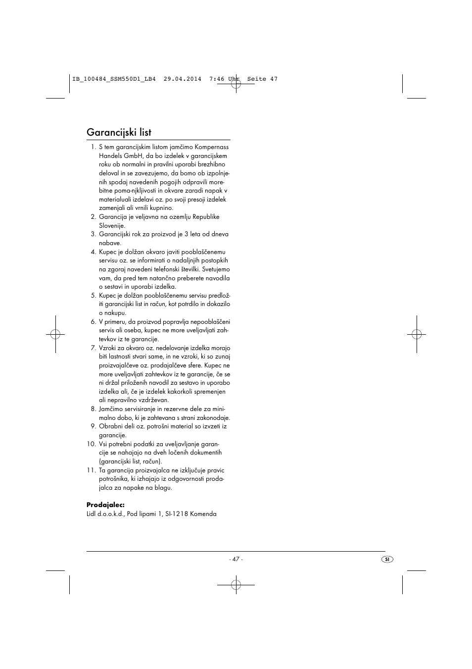 Garancijski list | Silvercrest SSM 550 D1 User Manual | Page 50 / 87