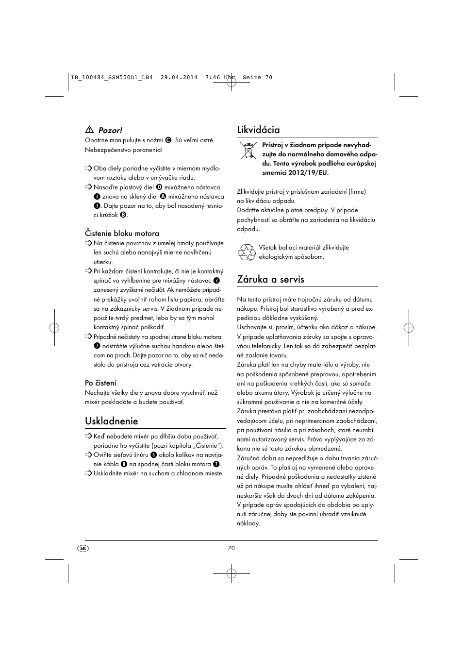 Uskladnenie, Likvidácia, Záruka a servis | Silvercrest SSM 550 D1 User Manual | Page 73 / 87