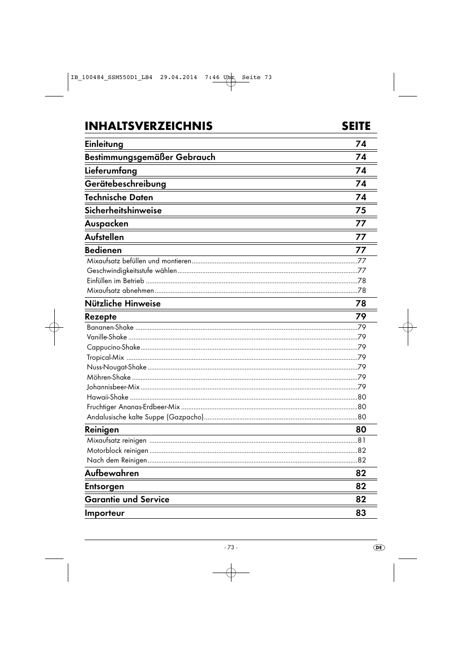 Inhaltsverzeichnis seite | Silvercrest SSM 550 D1 User Manual | Page 76 / 87