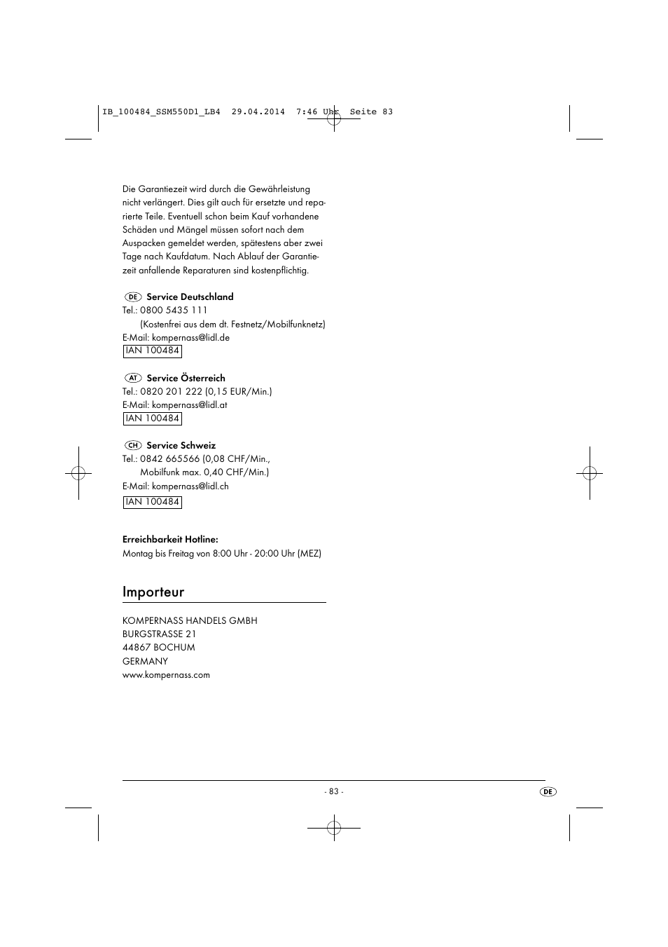 Importeur | Silvercrest SSM 550 D1 User Manual | Page 86 / 87
