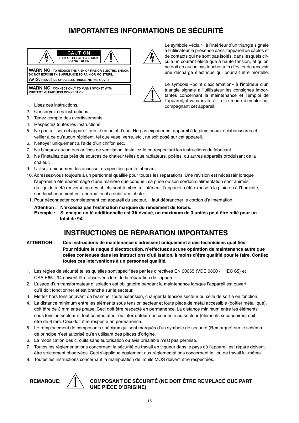 Importantes informations de sécurité, Instructions de réparation importantes | Dynacord M 15 User Manual | Page 15 / 24