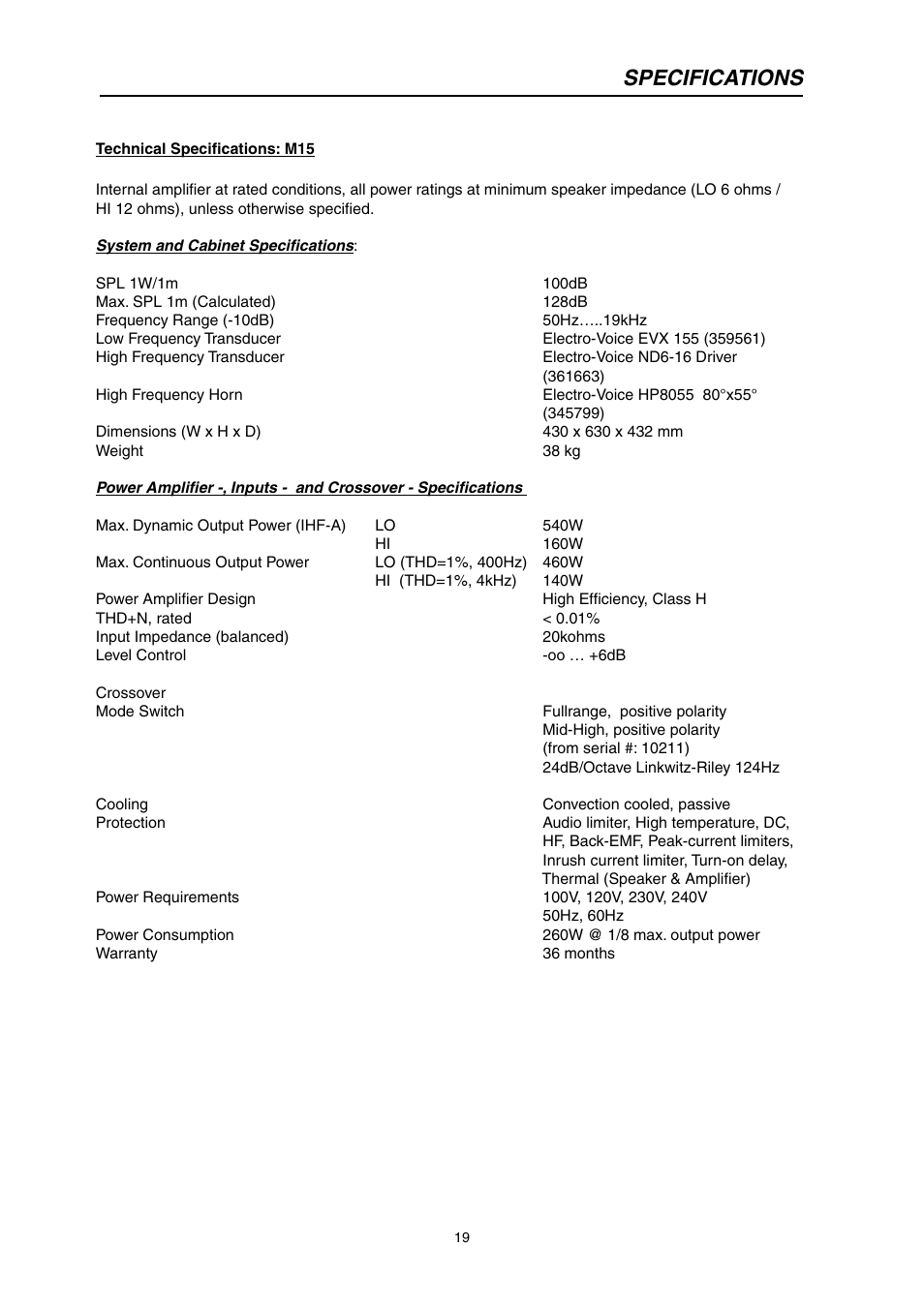 Specifications | Dynacord M 15 User Manual | Page 19 / 24