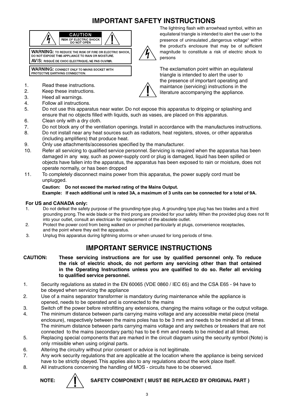 Important safety instructions, Important service instructions | Dynacord M 15 User Manual | Page 3 / 24