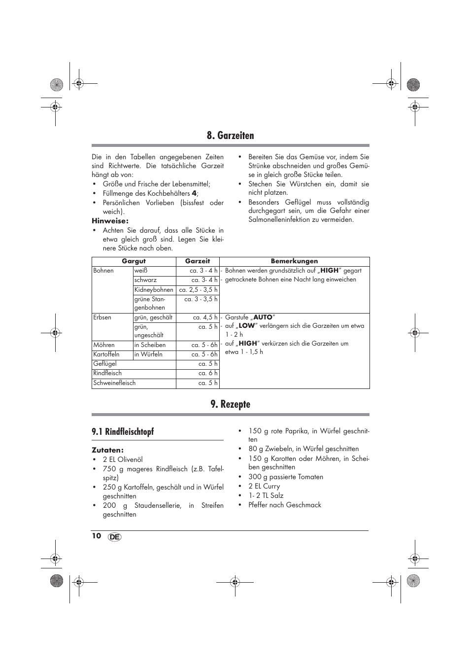 Garzeiten, Rezepte, 1 rindfleischtopf | Silvercrest SSC 200 A1 User Manual | Page 12 / 58