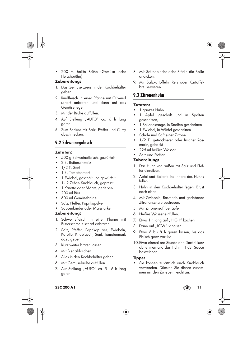 2 schweinegulasch, 3 zitronenhuhn | Silvercrest SSC 200 A1 User Manual | Page 13 / 58
