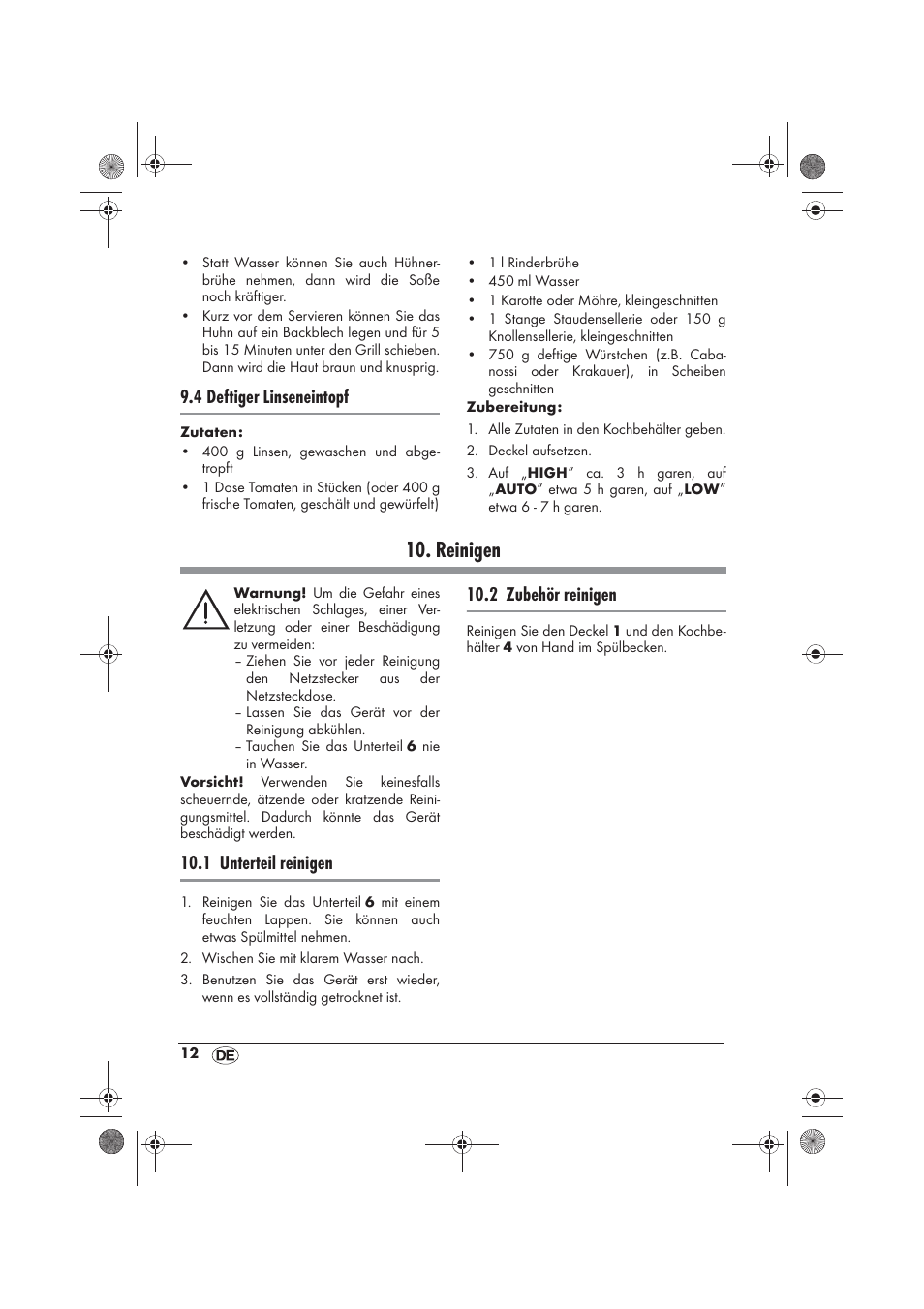 Reinigen, 4 deftiger linseneintopf, 1 unterteil reinigen | 2 zubehör reinigen | Silvercrest SSC 200 A1 User Manual | Page 14 / 58