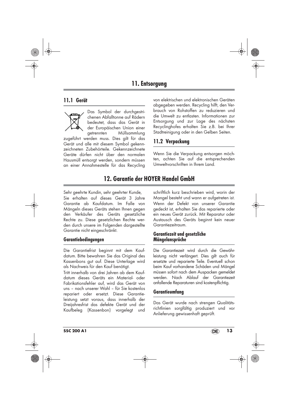 Entsorgung, Garantie der hoyer handel gmbh | Silvercrest SSC 200 A1 User Manual | Page 15 / 58