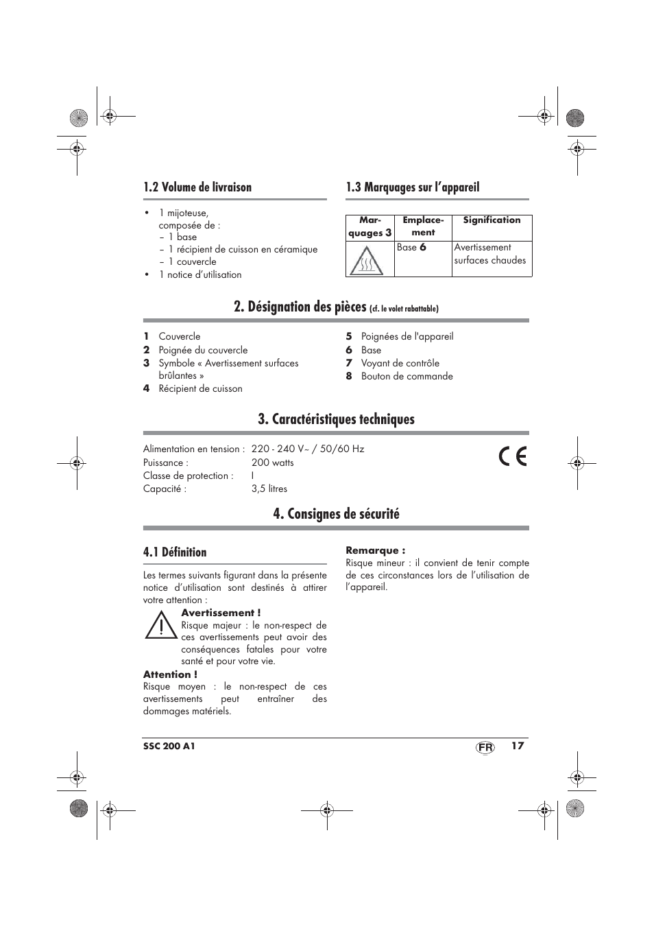 Désignation des pièces, Caractéristiques techniques, Consignes de sécurité | 2 volume de livraison, 3 marquages sur l’appareil, 1 définition | Silvercrest SSC 200 A1 User Manual | Page 19 / 58