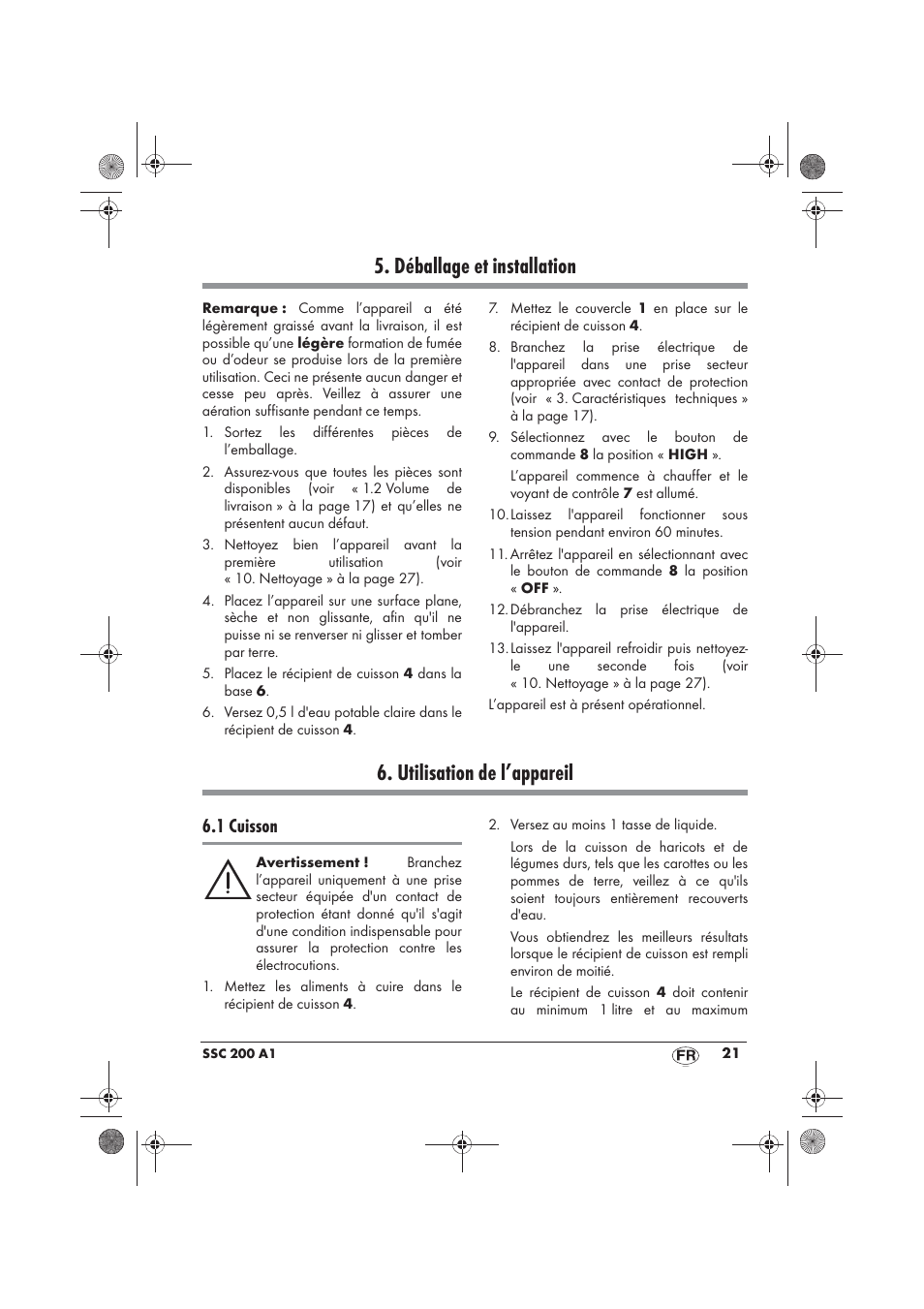 Déballage et installation, Utilisation de l’appareil, 1 cuisson | Silvercrest SSC 200 A1 User Manual | Page 23 / 58