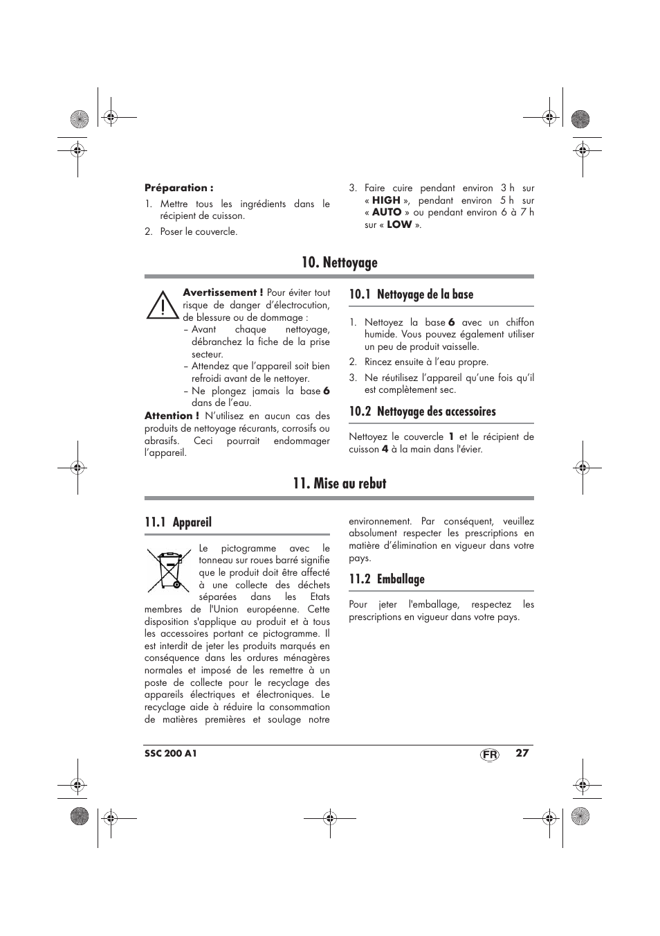Nettoyage, Mise au rebut, 1 nettoyage de la base | 2 nettoyage des accessoires, 1 appareil, 2 emballage | Silvercrest SSC 200 A1 User Manual | Page 29 / 58