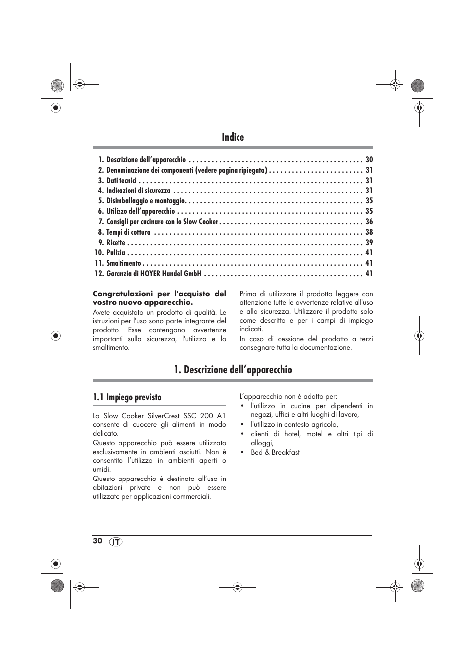 Indice, Descrizione dell’apparecchio | Silvercrest SSC 200 A1 User Manual | Page 32 / 58