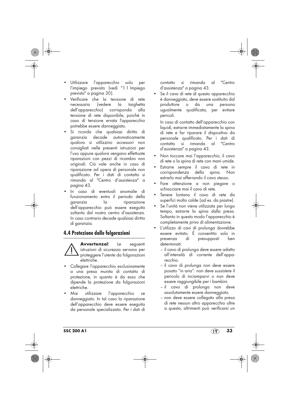 4 protezione dalle folgorazioni | Silvercrest SSC 200 A1 User Manual | Page 35 / 58