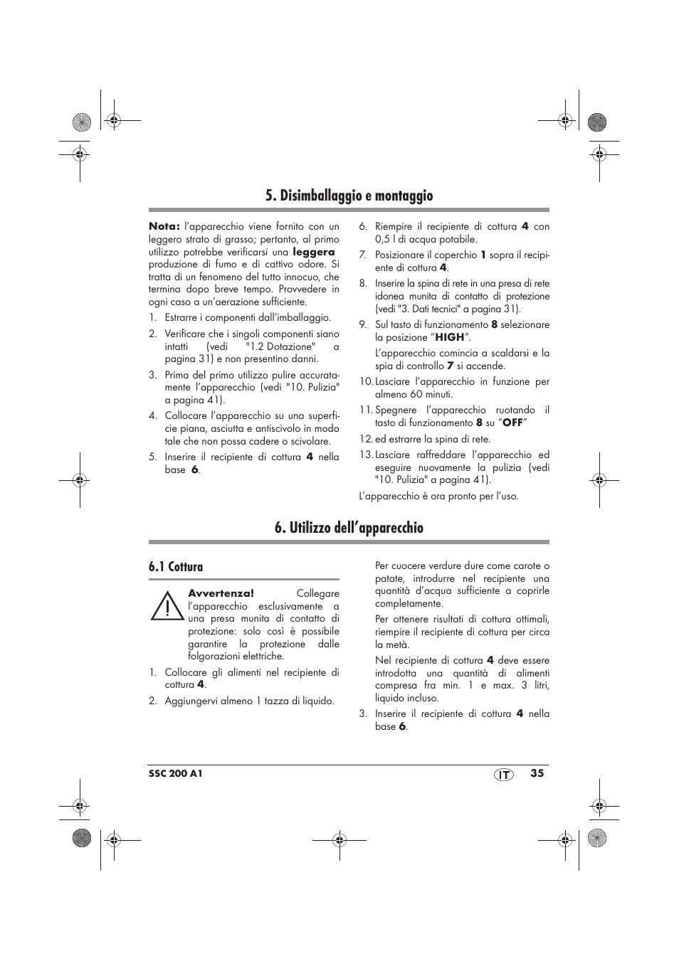 Disimballaggio e montaggio, Utilizzo dell’apparecchio, 1 cottura | Silvercrest SSC 200 A1 User Manual | Page 37 / 58