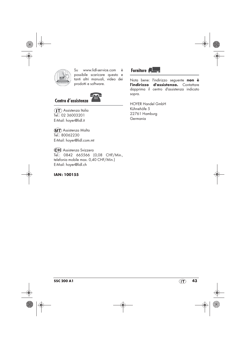 Centro d’assistenza, Fornitore | Silvercrest SSC 200 A1 User Manual | Page 45 / 58