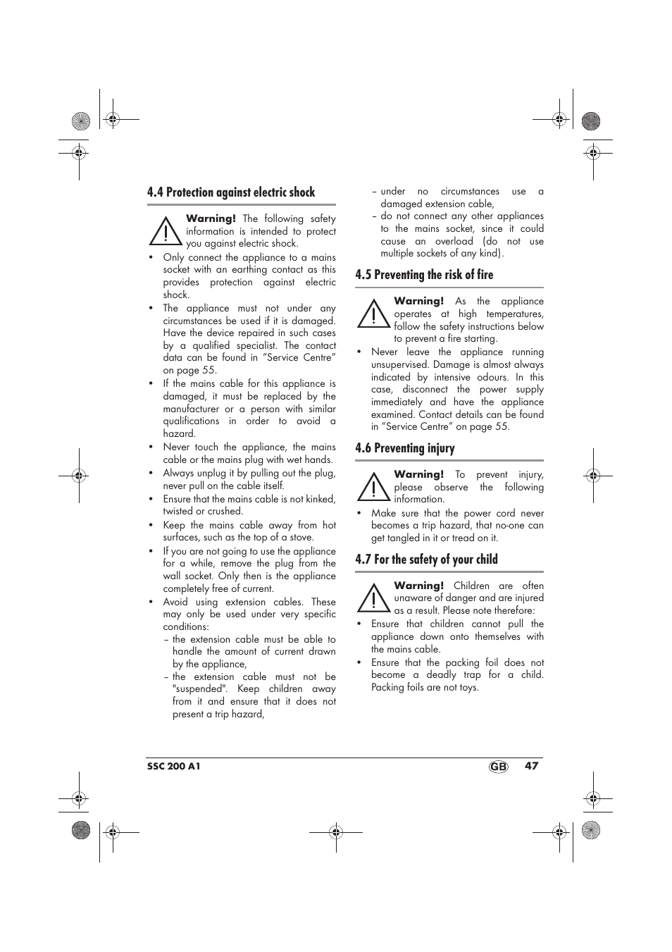 4 protection against electric shock, 5 preventing the risk of fire, 6 preventing injury | 7 for the safety of your child | Silvercrest SSC 200 A1 User Manual | Page 49 / 58