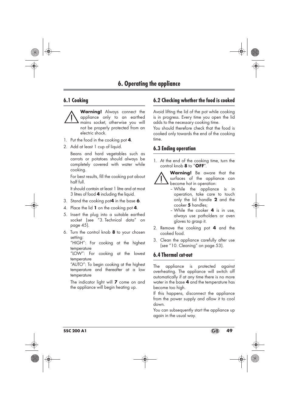 Operating the appliance, 1 cooking, 2 checking whether the food is cooked | 3 ending operation, 4 thermal cut-out | Silvercrest SSC 200 A1 User Manual | Page 51 / 58