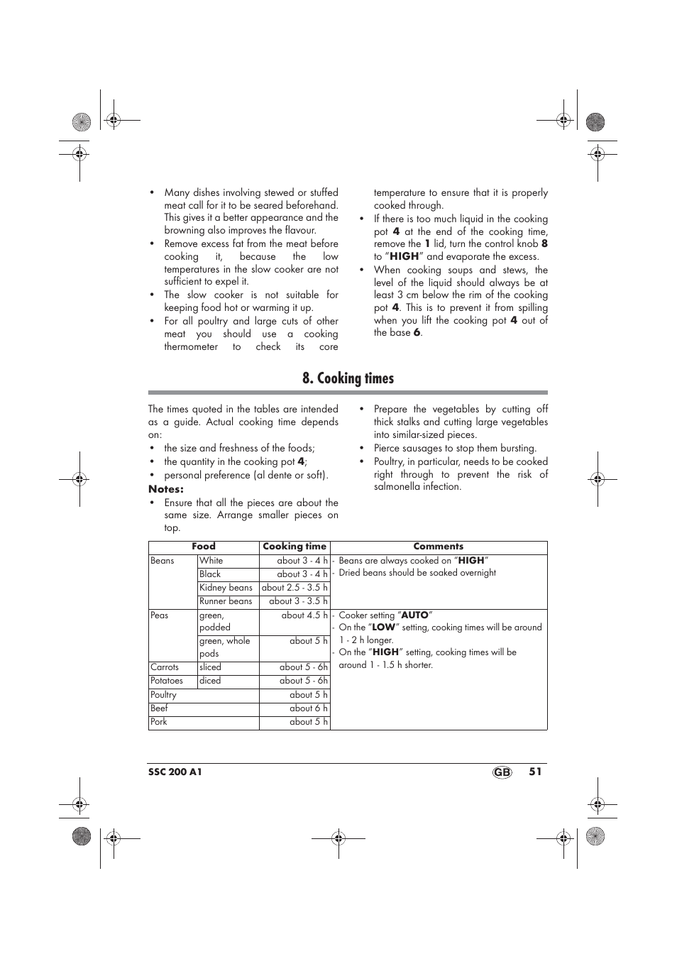 Cooking times | Silvercrest SSC 200 A1 User Manual | Page 53 / 58