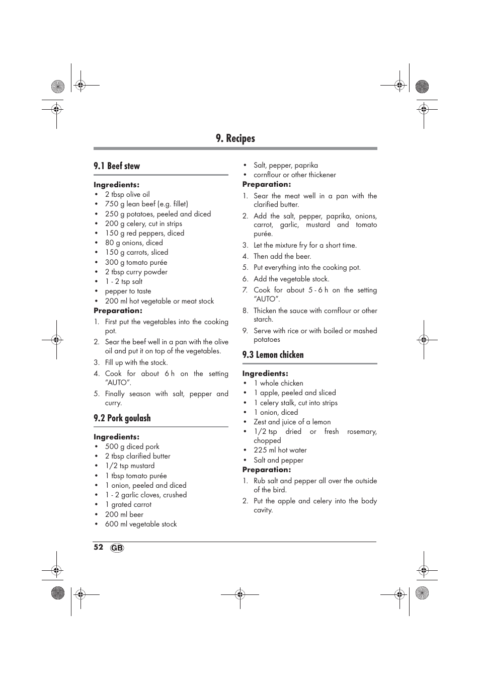 Recipes, 1 beef stew, 2 pork goulash | 3 lemon chicken | Silvercrest SSC 200 A1 User Manual | Page 54 / 58