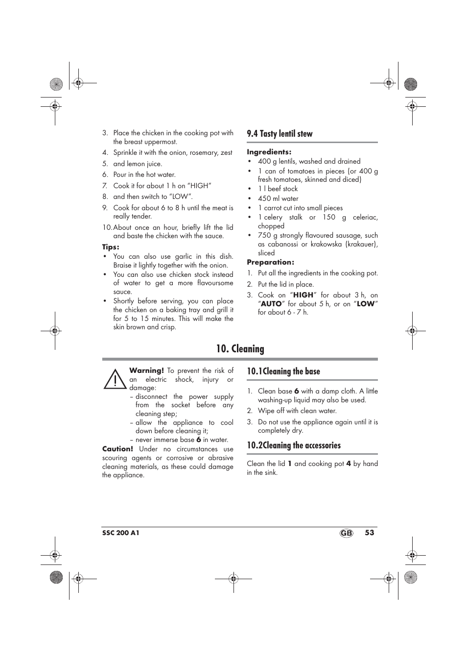 Cleaning, 4 tasty lentil stew, 1cleaning the base | 2cleaning the accessories | Silvercrest SSC 200 A1 User Manual | Page 55 / 58