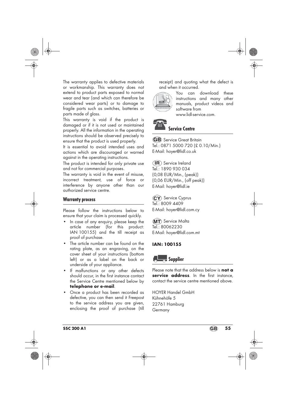 Warranty process, Service centre, Supplier | Silvercrest SSC 200 A1 User Manual | Page 57 / 58