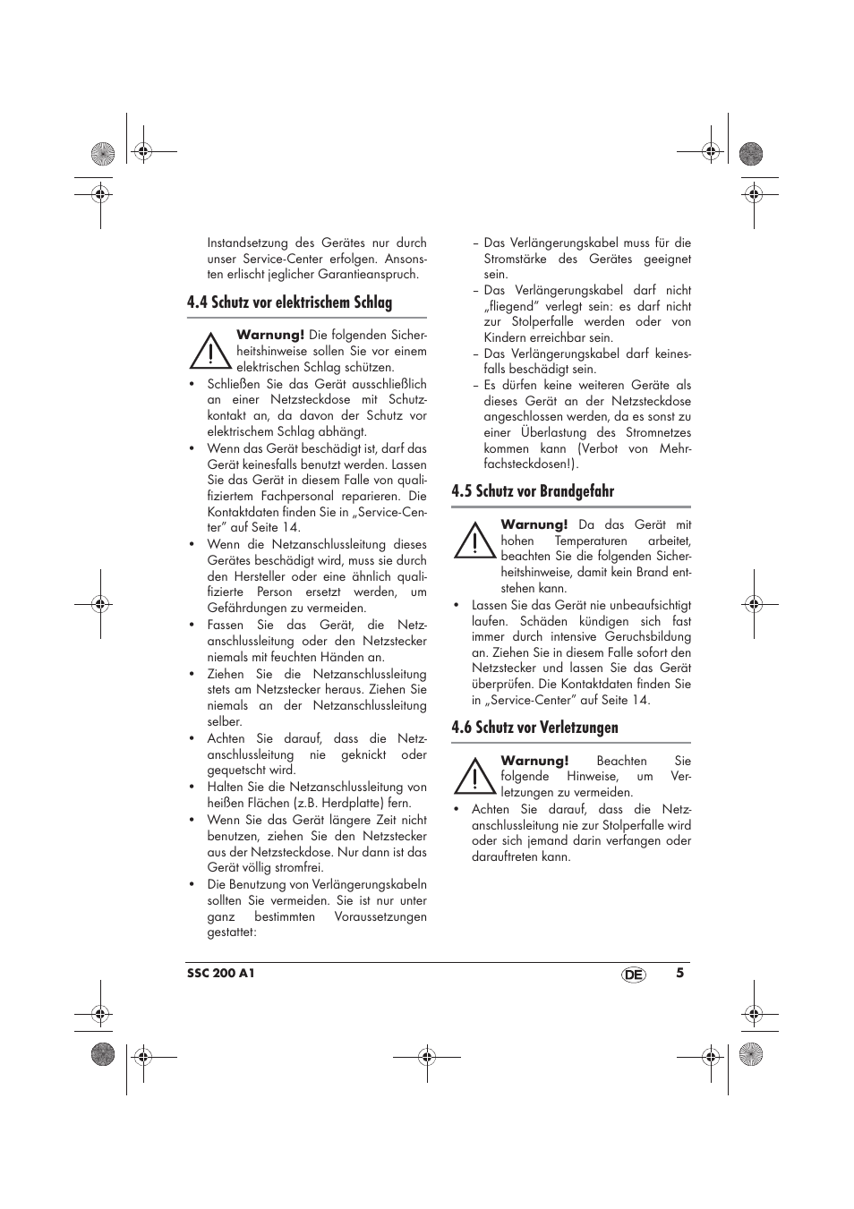4 schutz vor elektrischem schlag, 5 schutz vor brandgefahr, 6 schutz vor verletzungen | Silvercrest SSC 200 A1 User Manual | Page 7 / 58