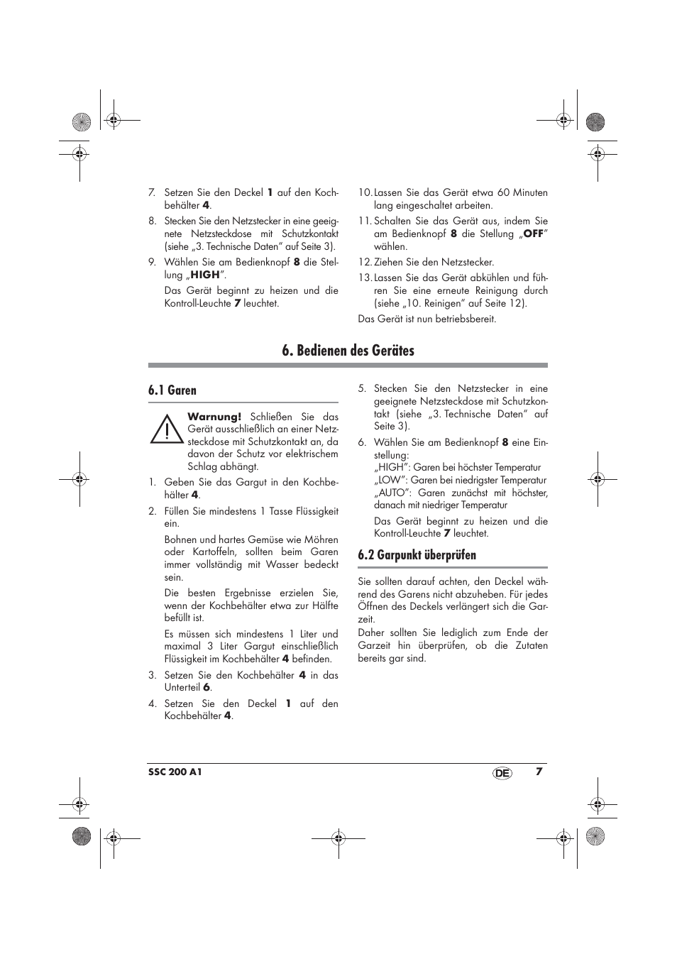 Bedienen des gerätes, 1 garen, 2 garpunkt überprüfen | Silvercrest SSC 200 A1 User Manual | Page 9 / 58