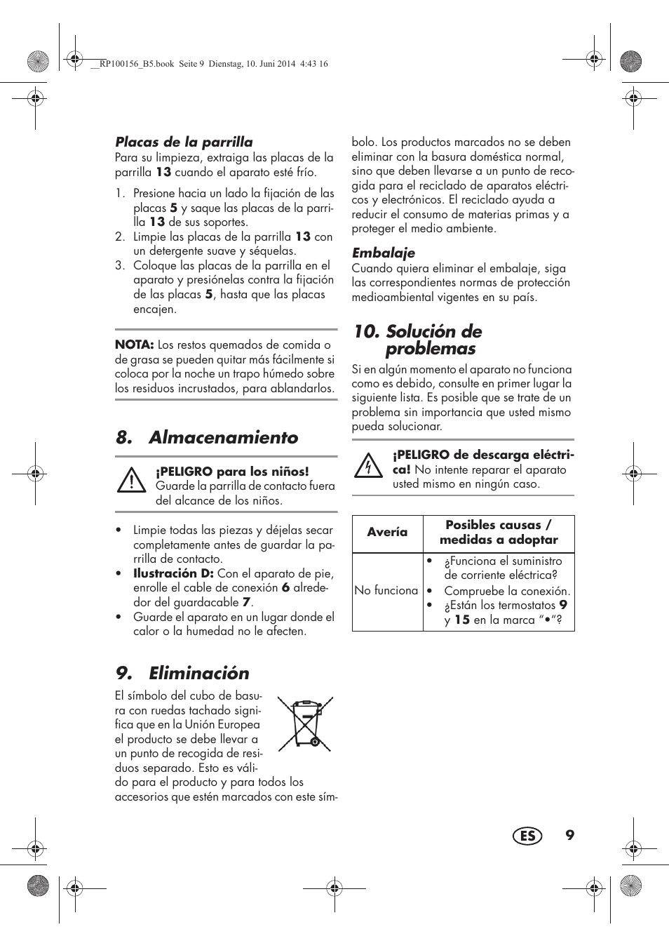 Almacenamiento, Eliminación, Solución de problemas | Silvercrest SKG 1700 A2 User Manual | Page 11 / 76