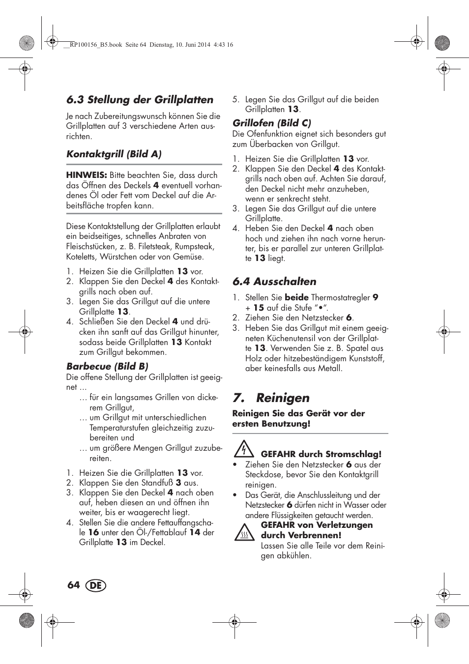 Reinigen, 3 stellung der grillplatten, 4 ausschalten | Silvercrest SKG 1700 A2 User Manual | Page 66 / 76