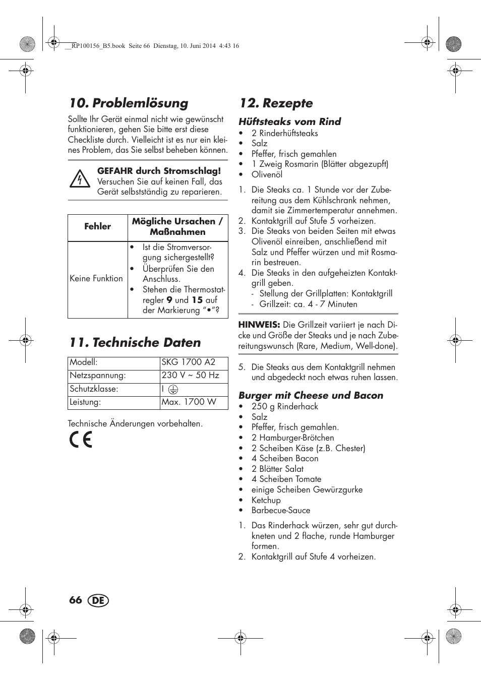 Problemlösung, Technische daten, Rezepte | Silvercrest SKG 1700 A2 User Manual | Page 68 / 76