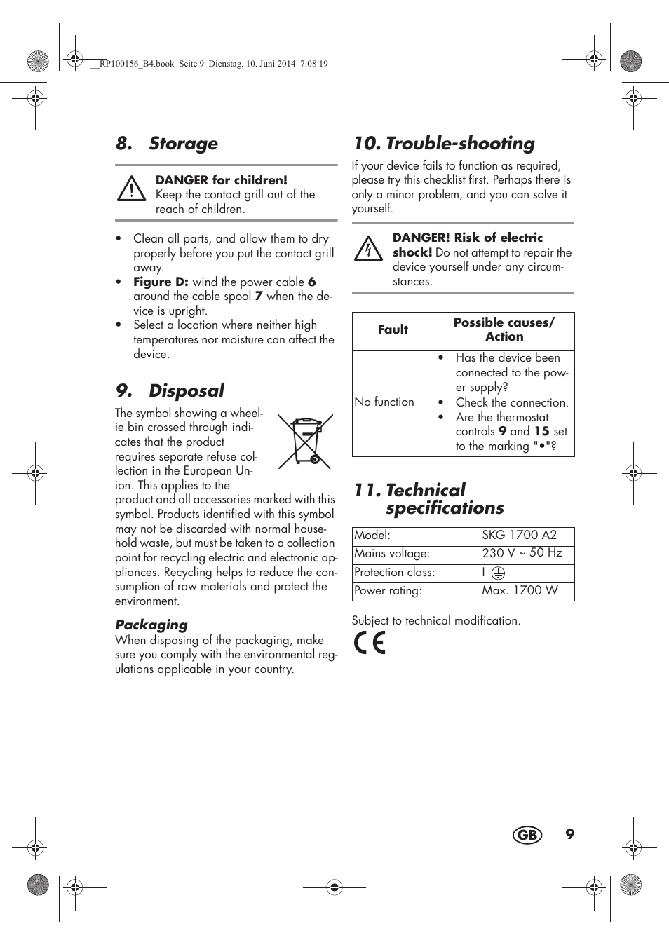Storage, Disposal, Trouble-shooting | Technical specifications | Silvercrest SKG 1700 A2 User Manual | Page 11 / 100