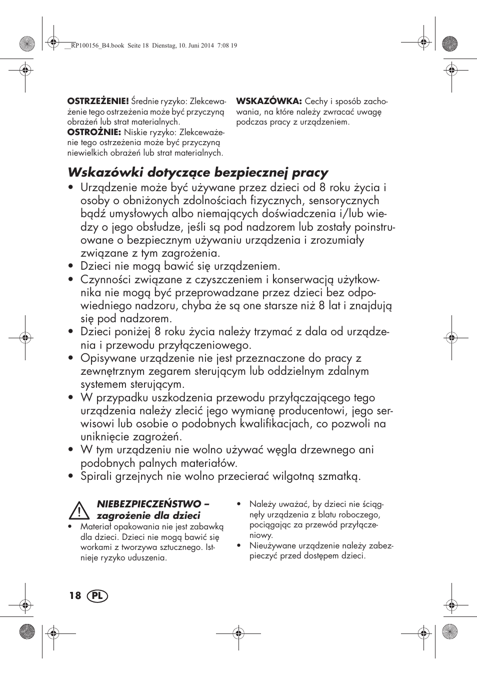 Wskazówki dotyczce bezpiecznej pracy | Silvercrest SKG 1700 A2 User Manual | Page 20 / 100