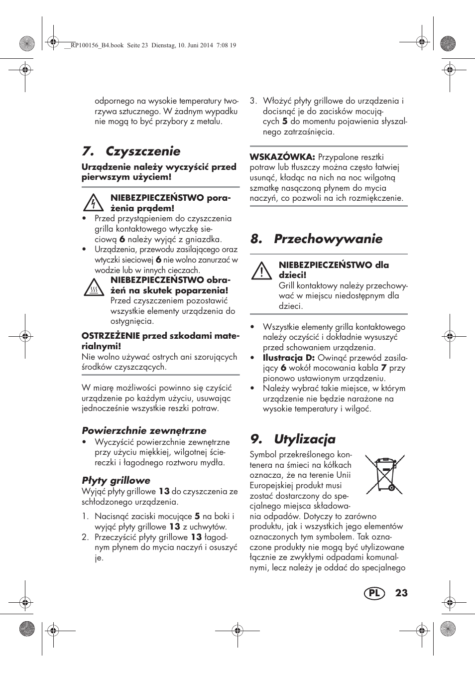 Czyszczenie, Przechowywanie, Utylizacja | Silvercrest SKG 1700 A2 User Manual | Page 25 / 100