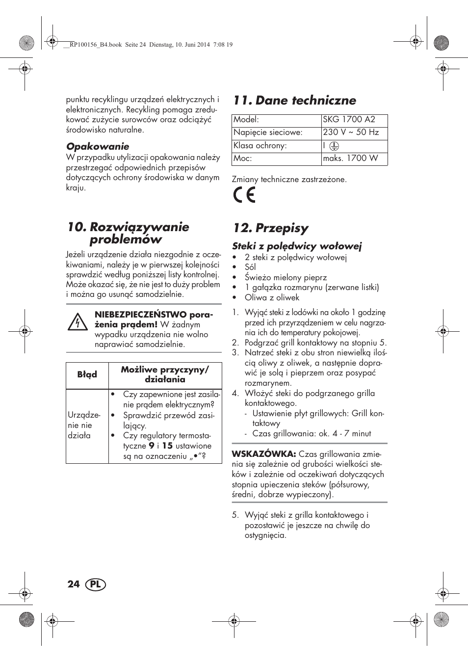 Rozwizywanie problemów, Dane techniczne, Przepisy | Silvercrest SKG 1700 A2 User Manual | Page 26 / 100