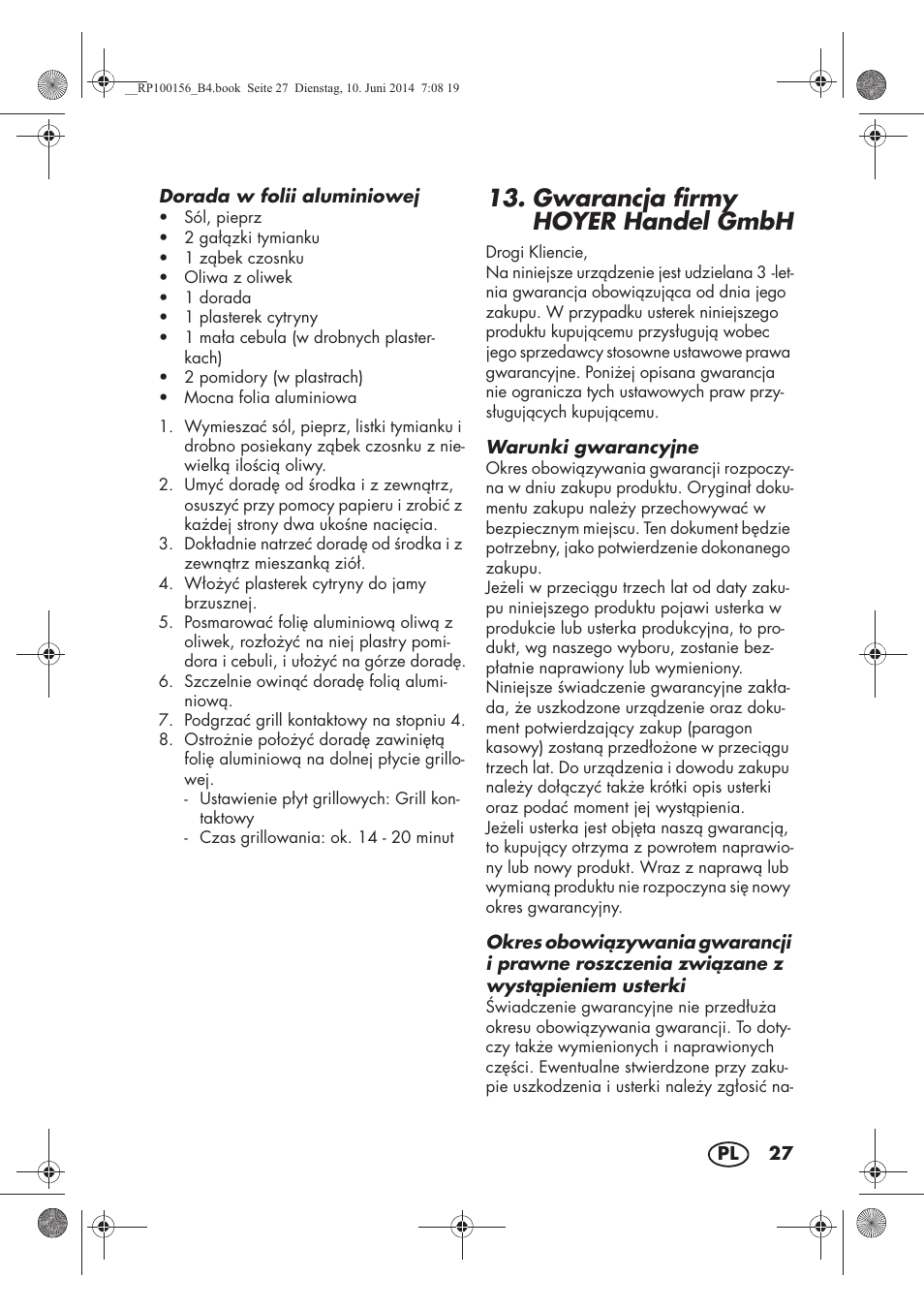Gwarancja firmy hoyer handel gmbh | Silvercrest SKG 1700 A2 User Manual | Page 29 / 100
