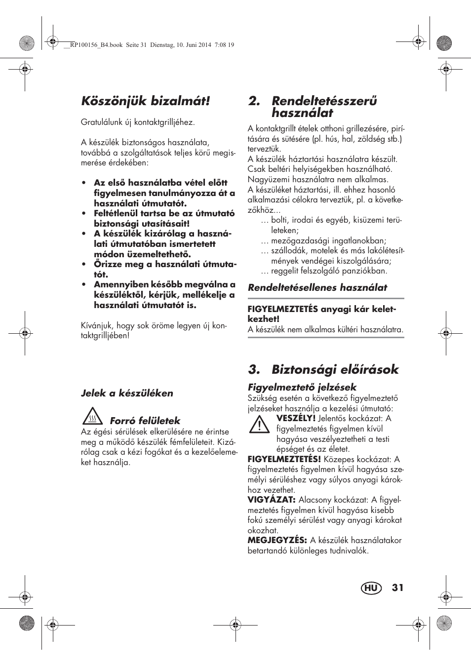Köszönjük bizalmát, Rendeltetésszer használat, Biztonsági elírások | Silvercrest SKG 1700 A2 User Manual | Page 33 / 100