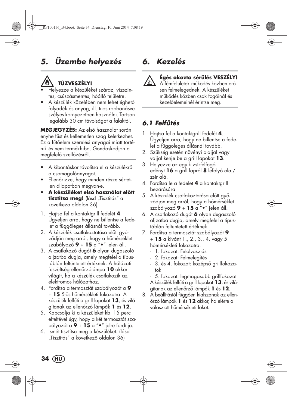 Üzembe helyezés, Kezelés, 1 felftés | Silvercrest SKG 1700 A2 User Manual | Page 36 / 100