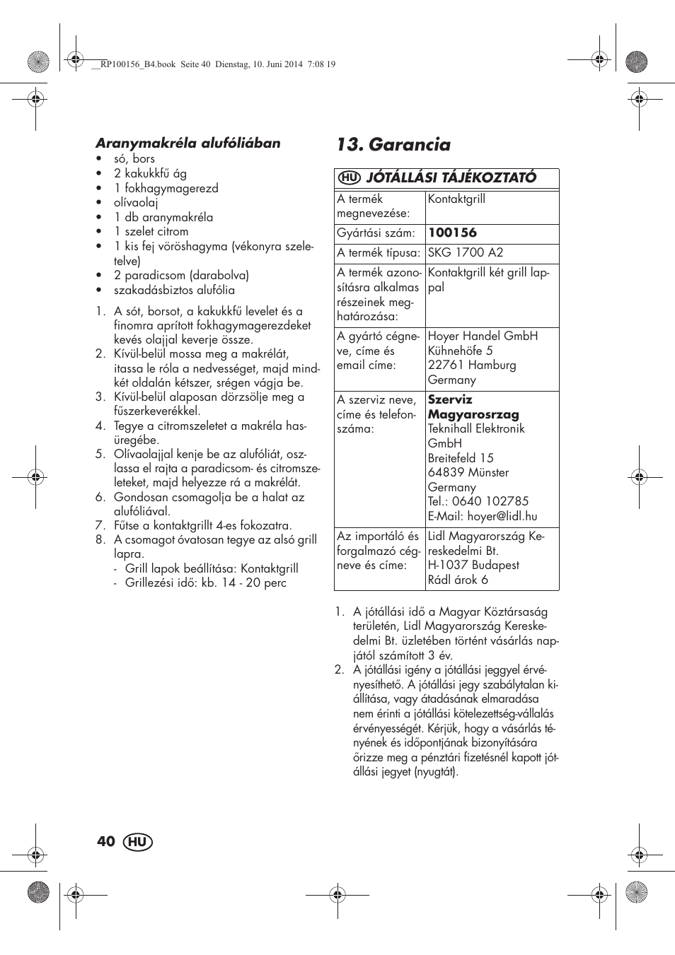 Garancia | Silvercrest SKG 1700 A2 User Manual | Page 42 / 100