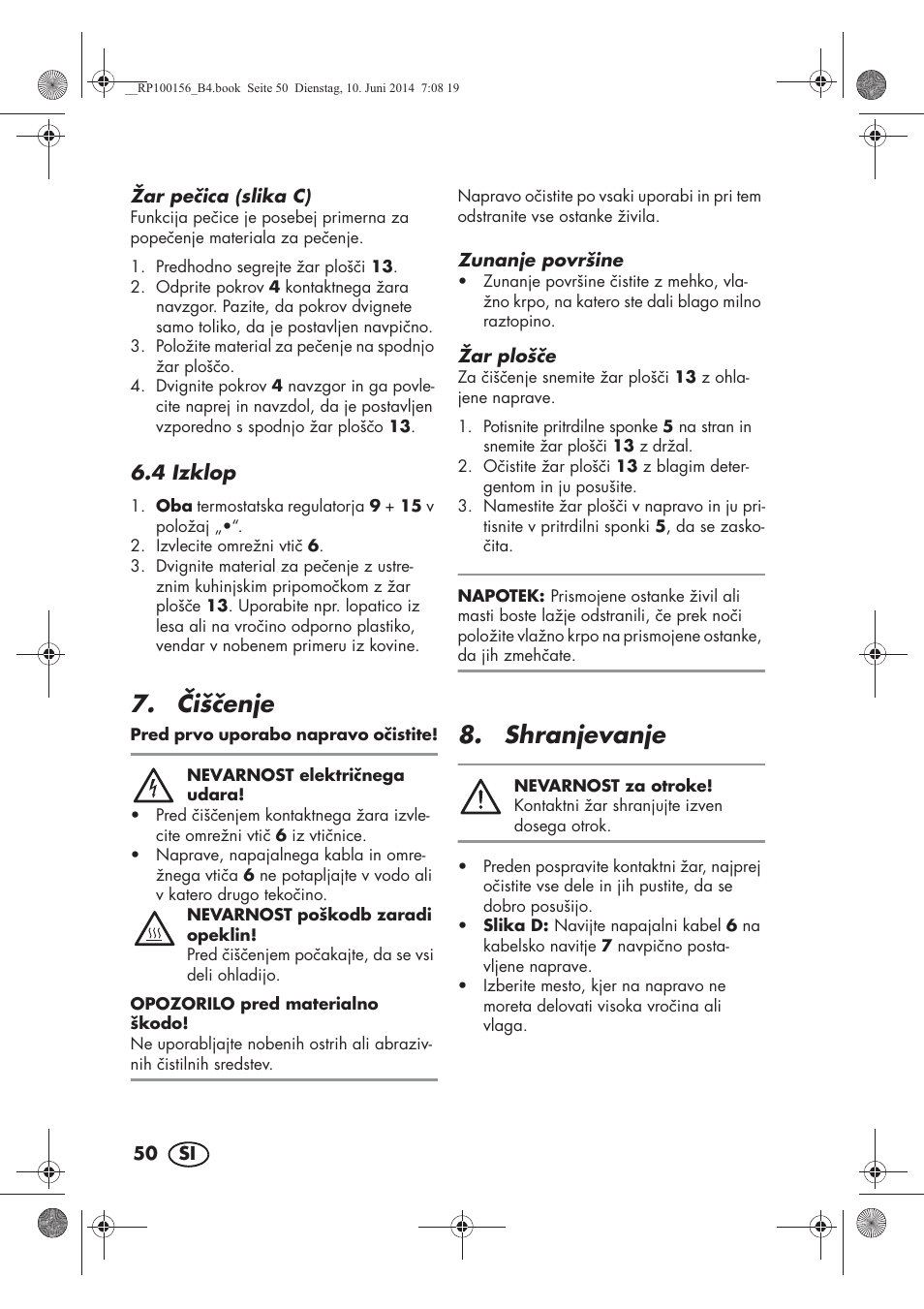 išenje, Shranjevanje, 4 izklop | Silvercrest SKG 1700 A2 User Manual | Page 52 / 100