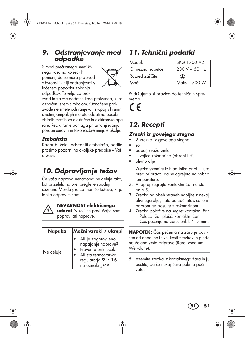 Odstranjevanje med odpadke, Odpravljanje težav, Tehnini podatki | Recepti | Silvercrest SKG 1700 A2 User Manual | Page 53 / 100