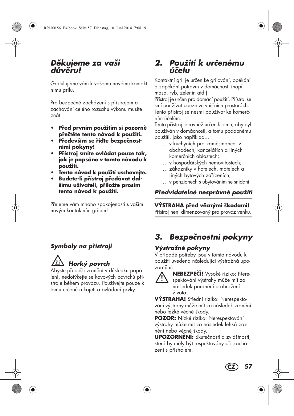 Dkujeme za vaši dvru, Použití k urenému úelu, Bezpenostní pokyny | Silvercrest SKG 1700 A2 User Manual | Page 59 / 100