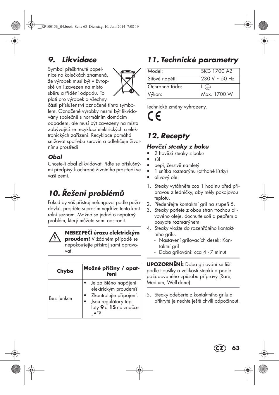 Likvidace, ešení problém, Technické parametry | Recepty | Silvercrest SKG 1700 A2 User Manual | Page 65 / 100