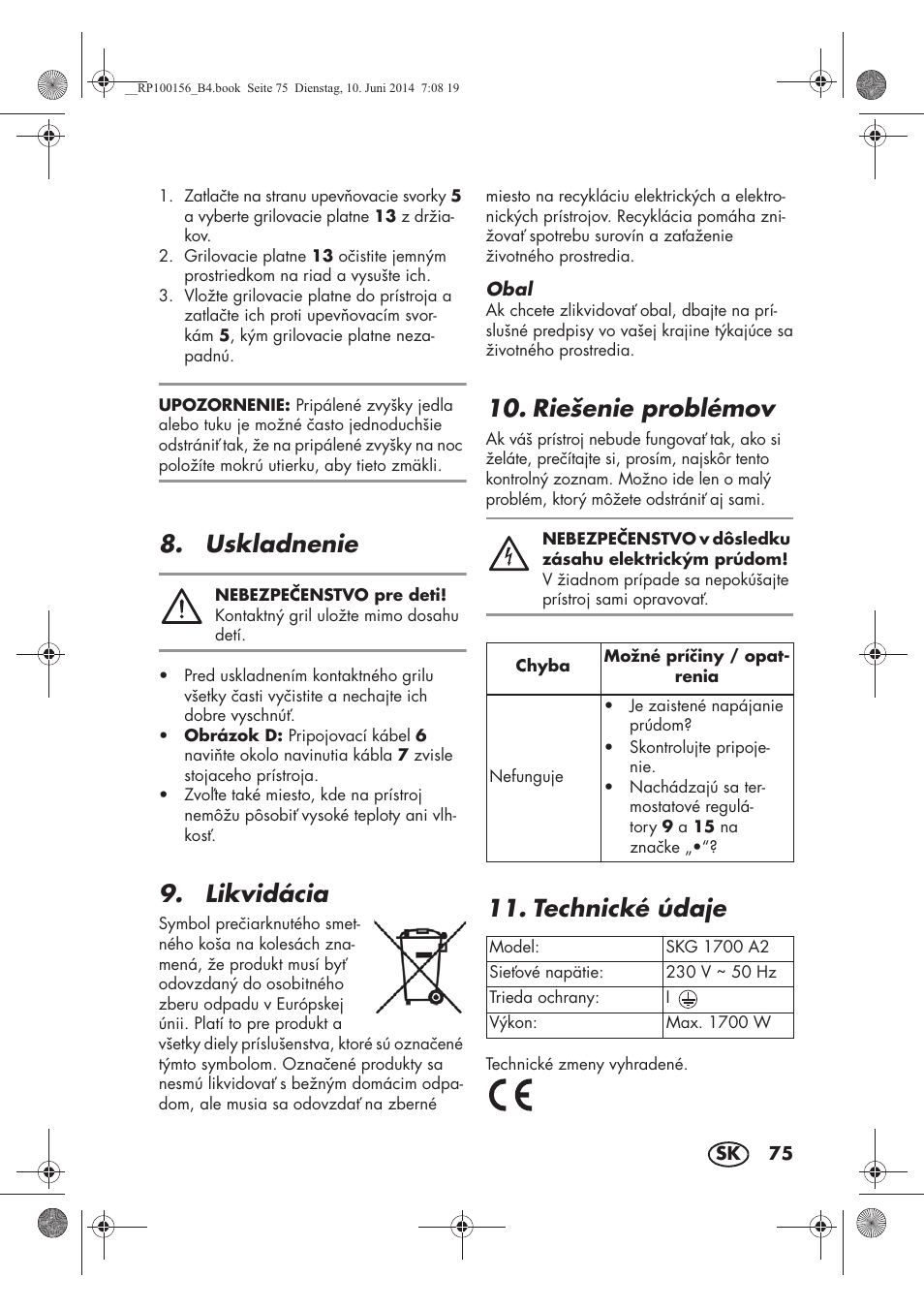 Uskladnenie, Likvidácia, Riešenie problémov | Technické údaje | Silvercrest SKG 1700 A2 User Manual | Page 77 / 100