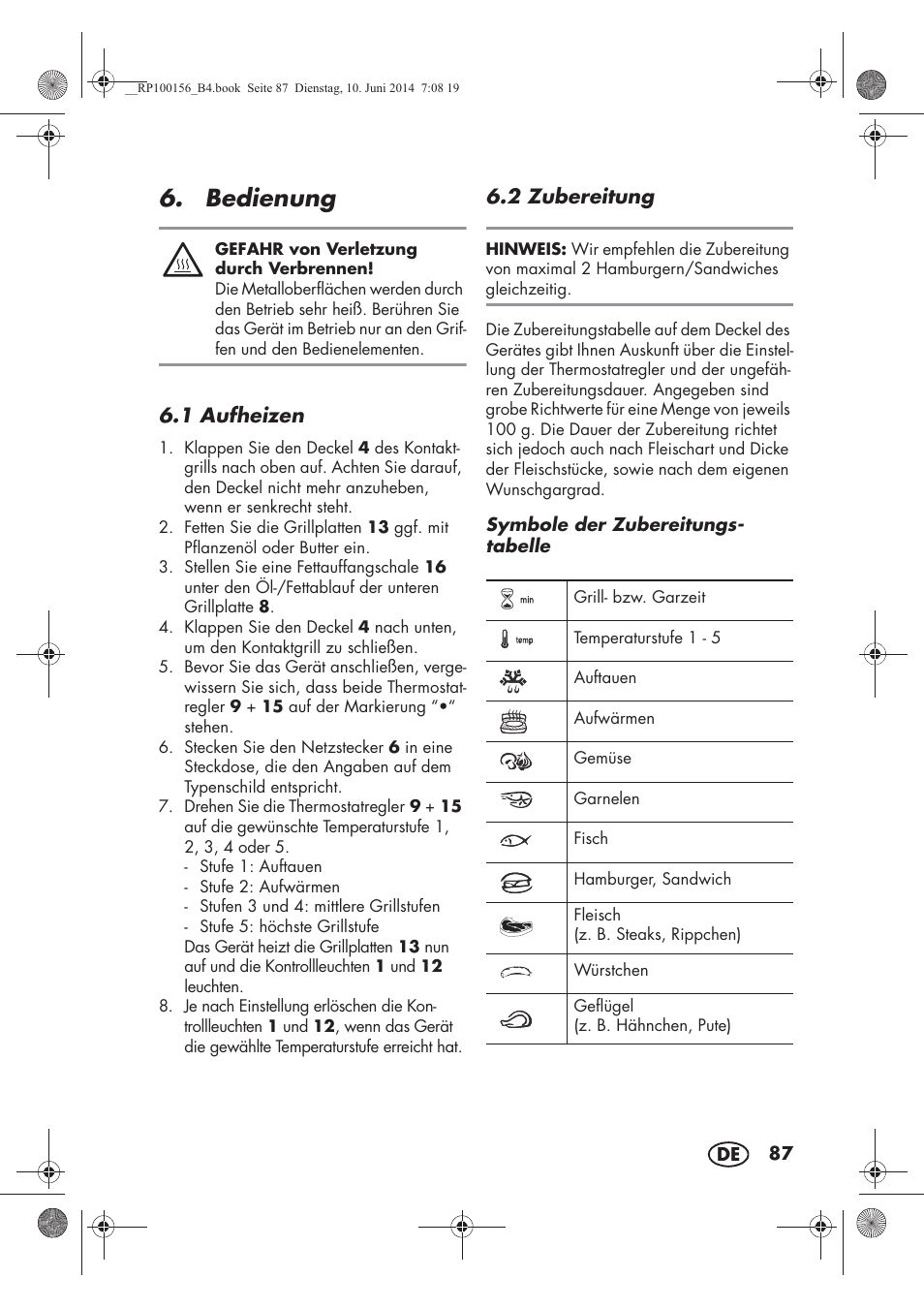 Bedienung, 1 aufheizen, 2 zubereitung | Silvercrest SKG 1700 A2 User Manual | Page 89 / 100