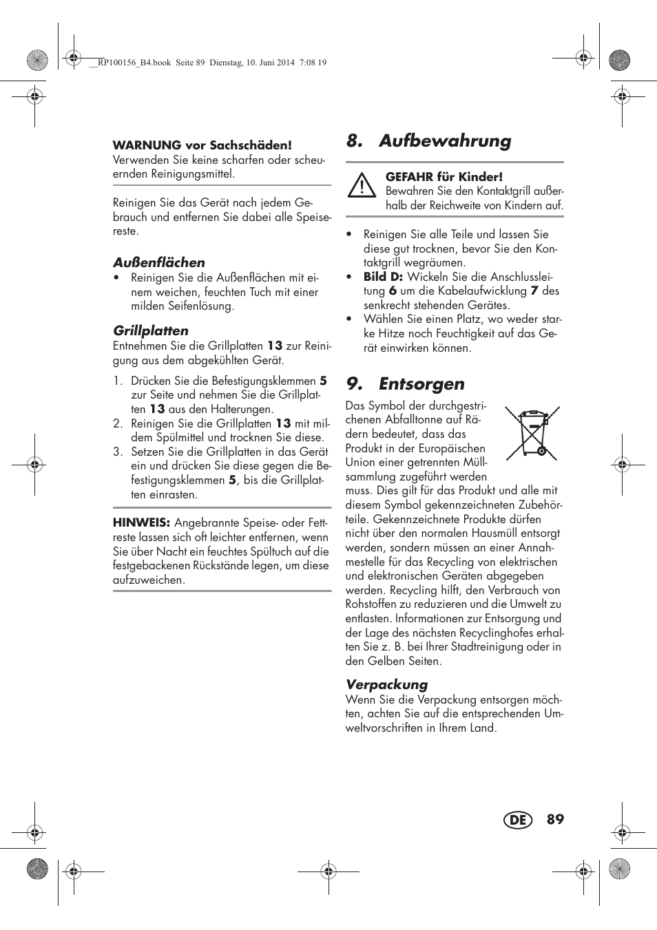 Aufbewahrung, Entsorgen | Silvercrest SKG 1700 A2 User Manual | Page 91 / 100