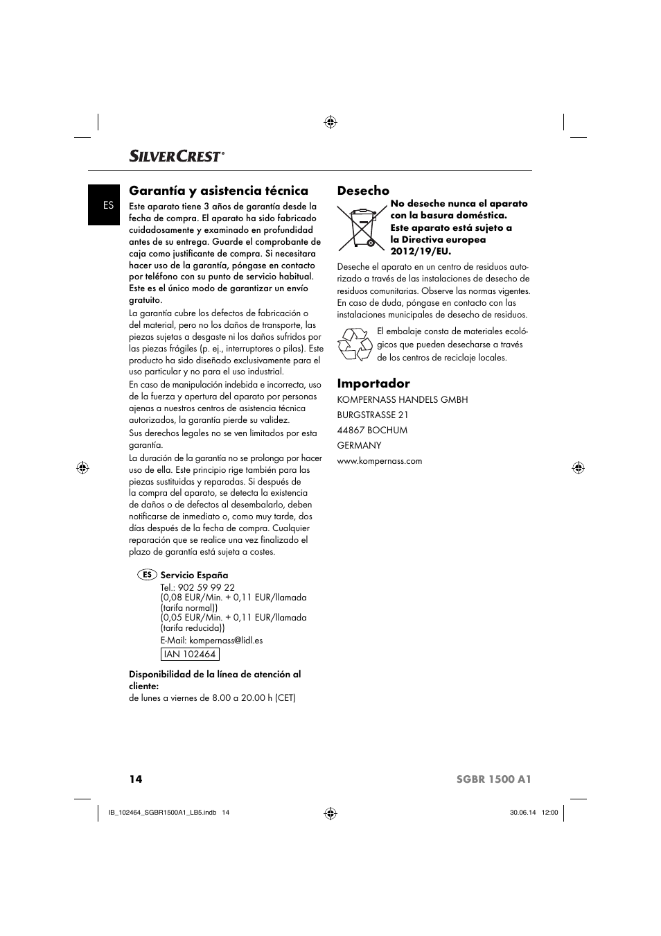 Garantía y asistencia técnica, Desecho, Importador | Silvercrest SGBR 1500 A1 User Manual | Page 17 / 60