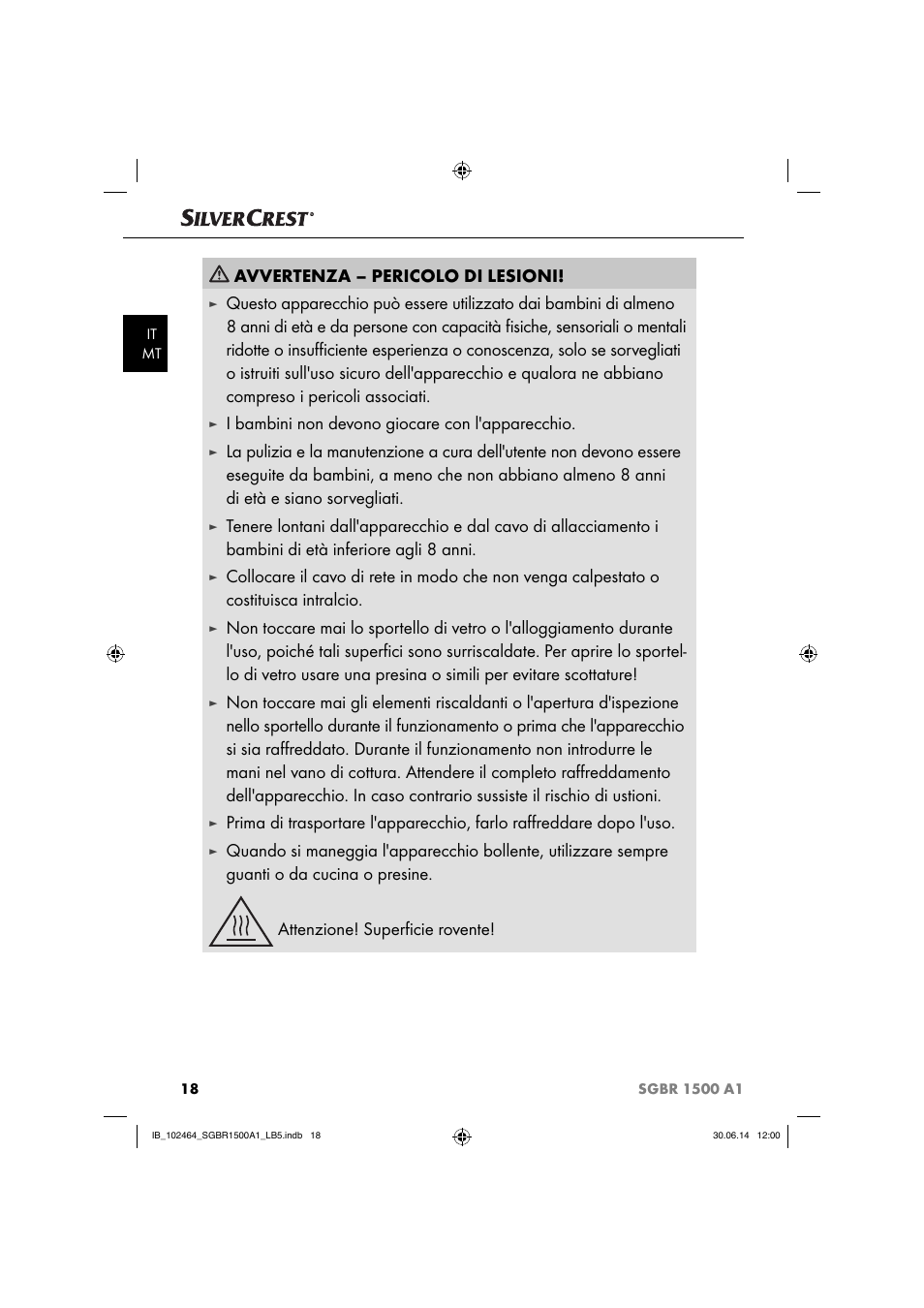 Avvertenza – pericolo di lesioni, I bambini non devono giocare con l'apparecchio | Silvercrest SGBR 1500 A1 User Manual | Page 21 / 60